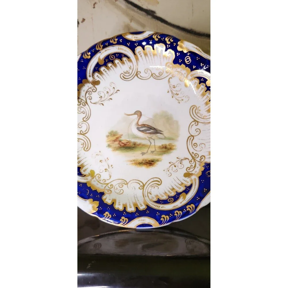 Antique Coalport Hand Painted Game Bird Compote Floral Cobalt Gold Tazza Comport